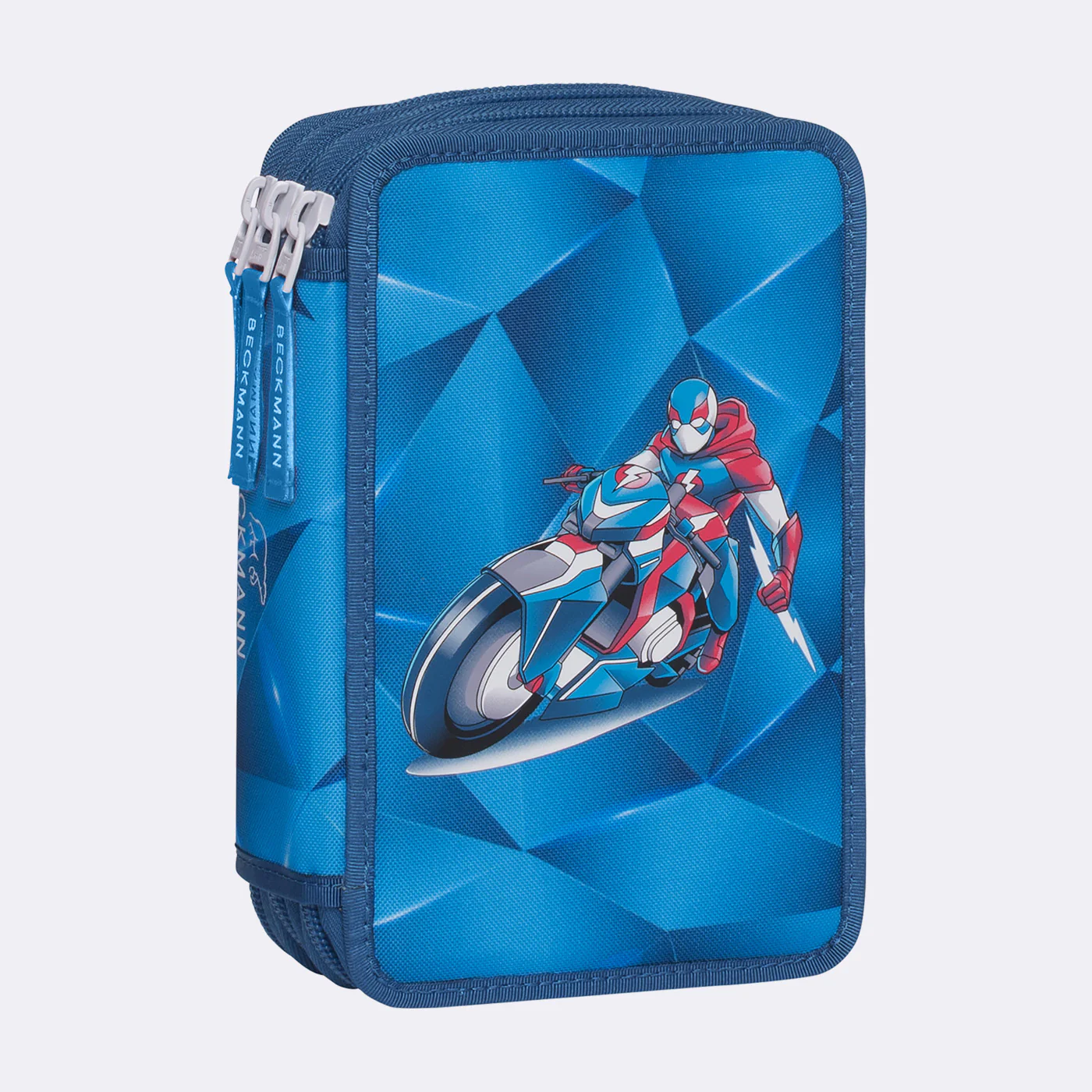 Three section pencil case with content, Blue Lightning