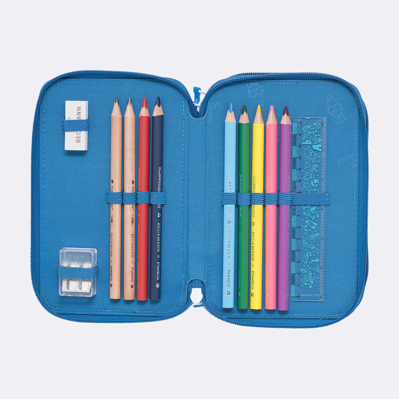 Three section pencil case with content, Blue Lightning - Image 4