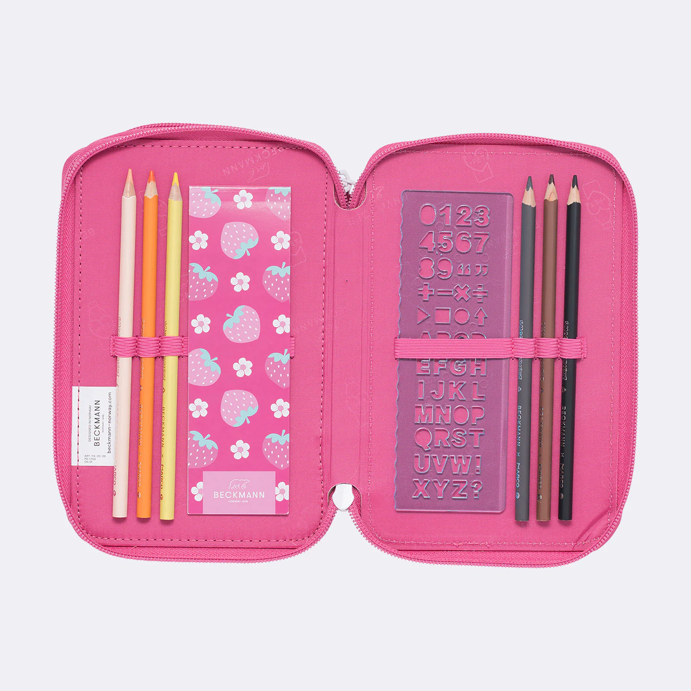 Three section pencil case with content, Strawberry - Image 2