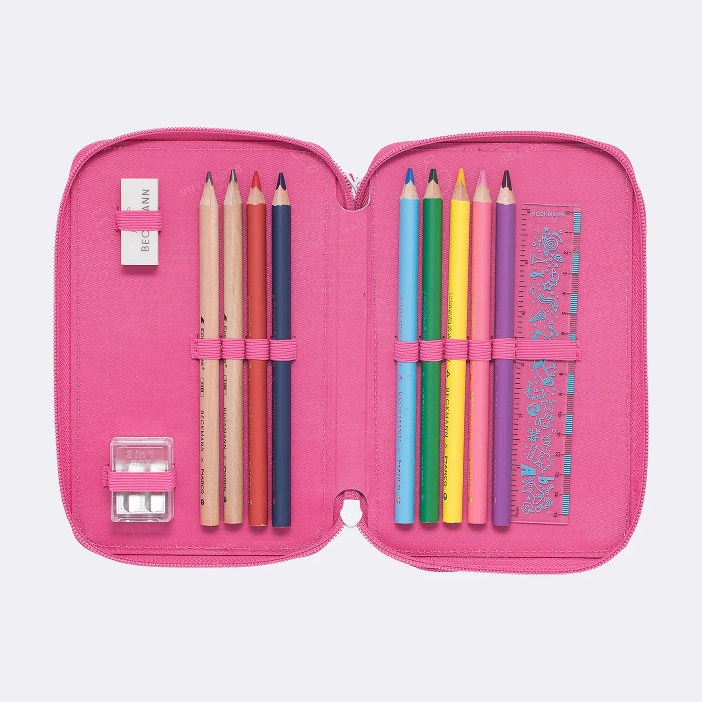 Three section pencil case with content, Strawberry - Image 4